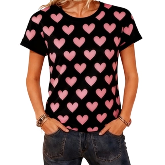 Busydd Womens T Shirts Fashion Love Heart Print Valentine's Day T Shirts for Women Casual Short Sleeve Round Neck Couple Summer Tops