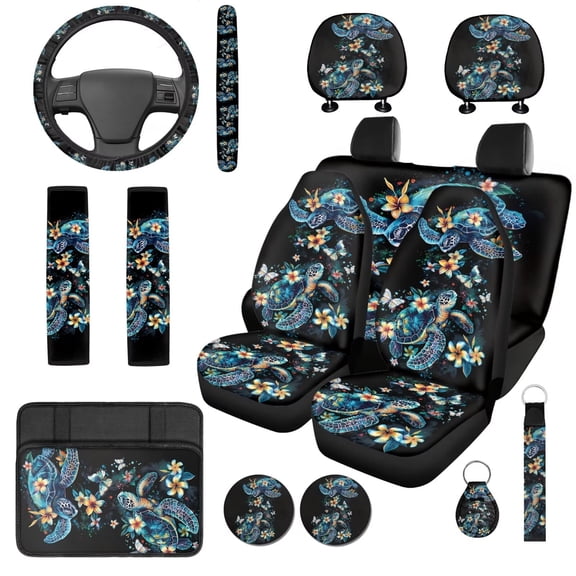 HUISEFOR 14 Packs Sea Turtles Car Seat Cover Full Set Scratchproof Elastic Including Steering Wheel Cover, Armrest Cover, Belt Cover, Headrest Covers, Universal Fit for Cars SUV Trucks