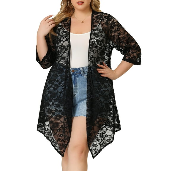 Agnes Orinda Women's Plus Size Lace Crochet Draped Shawls Lightweight Open Front Cover-Ups Casual Cardigans 2X Black