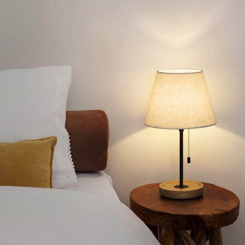 Vintage Black Bedside Nightstand Lamps with Wooden Base Set of 2