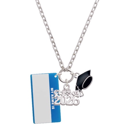 Delight Jewelry Acrylic Blue "Hello" Name Tag - Silvertone Class of 2026 Graduation Zoey Charm Necklace, 28"