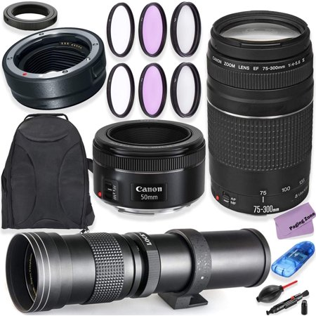 Canon EF 75-300mm f/4-5.6 III & Canon EF 50mm f/1.8 STM Lens Bundle + 420-800mm f/8-16 MF Lens & EOS R Auto Adapter with HD Filters  Backpack for Canon EOS R Cameras Including EOS R & EOS RP