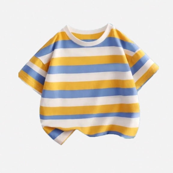 DAETIROS Boys Blue Striped T-Shirt Soft Breathable Casual Short Sleeve Crewneck Tee for Kids 1-14 Years Durable Playful Top for Everyday Wear School Wardrobe Essential,Size 7-8 T