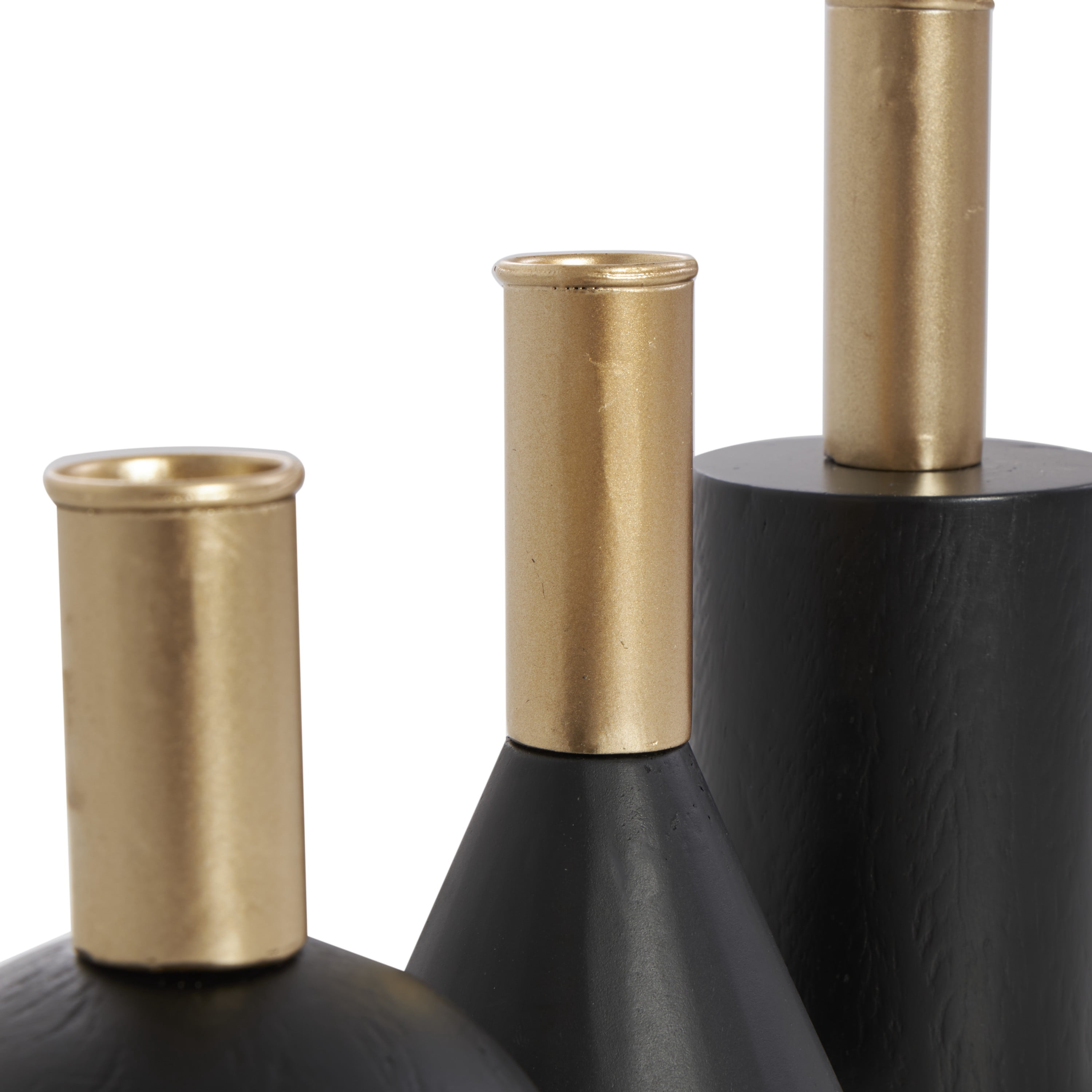 DecMode 3 Candle Black Wood Geometric Candle Holder with Varying Shapes and Gold Accents, Set of 3