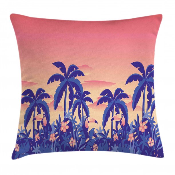 Hawaii Throw Pillow Cushion Cover, Exotic Sunset Image with Toucans