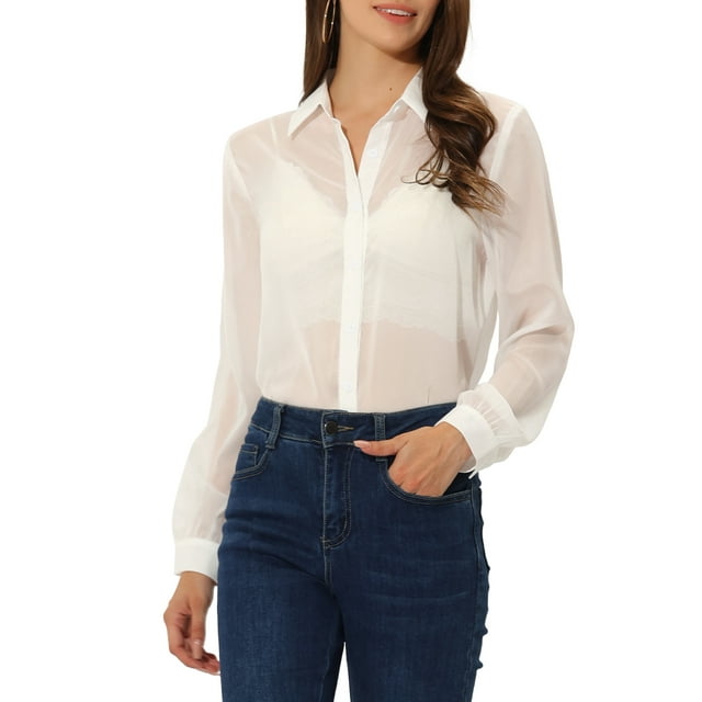 INSPIRE CHIC Women's Shirt Mesh Sheer Point Collar Long Sleeve Button Down Shirt S White