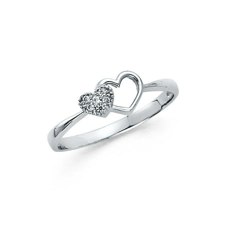 Heart Ring CZ Solid 14k White Gold Two Hearts Together Love Band Right Hand Promise Ring