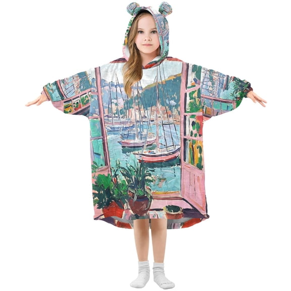 FORMRS Wearable Blanket Hoodie with Sleeves for Kids Cozy Flannel Sweatshirt, Pink Door