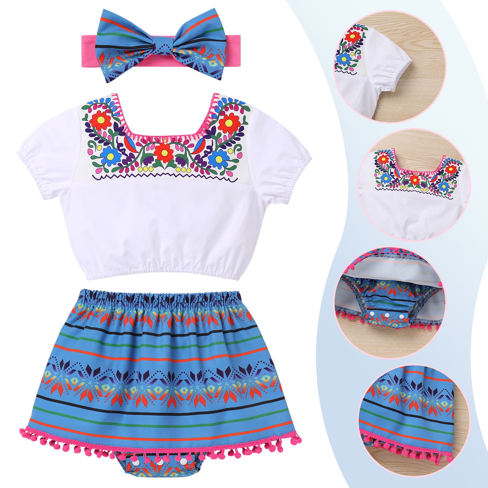 IBTOM CASTLE Toddler Baby Girls Mexican Traditional Fiesta Cinco de Mayo Outfit Floral Print Top + Skirt + Headband Photo Shoot Clothes 2-3 Years Blue