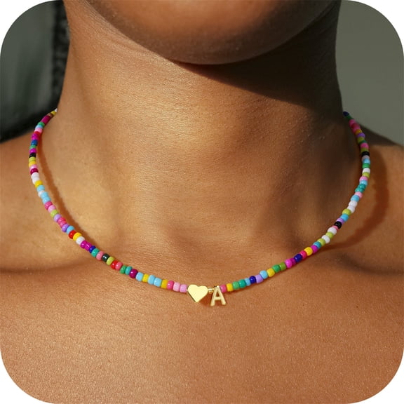 Turandoss Heart Initial Necklaces for Girls 14K Gold Plated Colorful Beaded Tiny Heart Pendant Choker Letter A-Z Kids Jewelry Birthday Gifts for Women Teen Girls Trendy