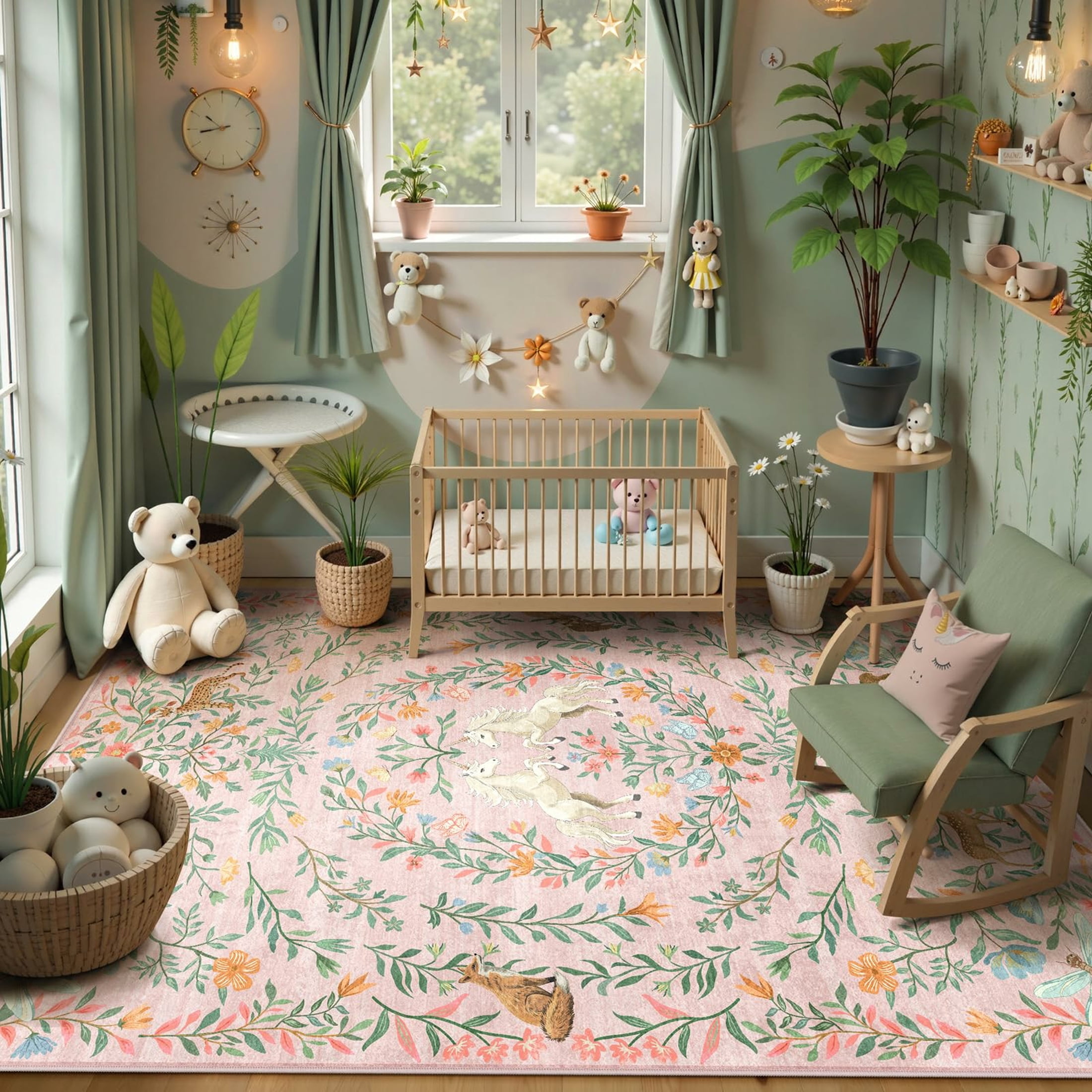 Moynesa 8'x10' Fantasy Garden Area Rugs for Living Room, Washable Vintage Botanical Unicorn Girls Rugs for Bedroom, Large Animal Accent Carpet for Dining Room Nursery Playroom, Pink