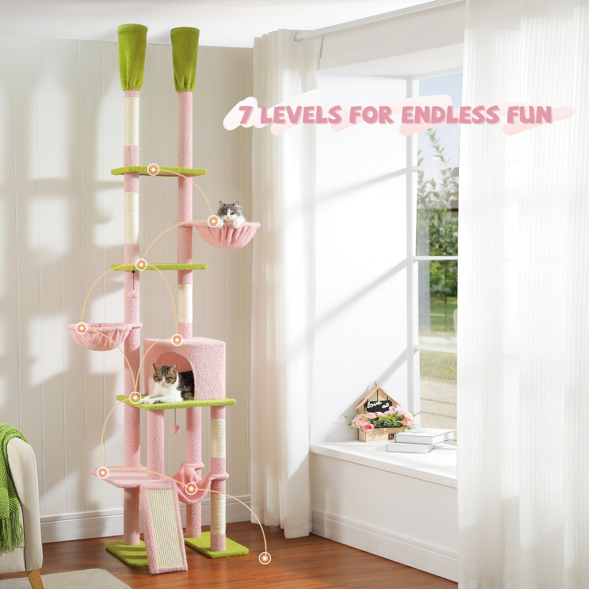 Pefilos Adjustable Height(85-112 in) Cat Tree Tower Floor to Ceiling with 7 Tiers Cat Climbing Activity Center, Cozy Hammocks, 5 Platforms for Indoor Cats, Pink Pefilos Adjustable Height(85-112 in) Cat Tree Tower Floor to Ceiling with 7 Tiers Cat Climbing Activity Center, Cozy Hammocks, 5 Platforms for Indoor Cats, Pink