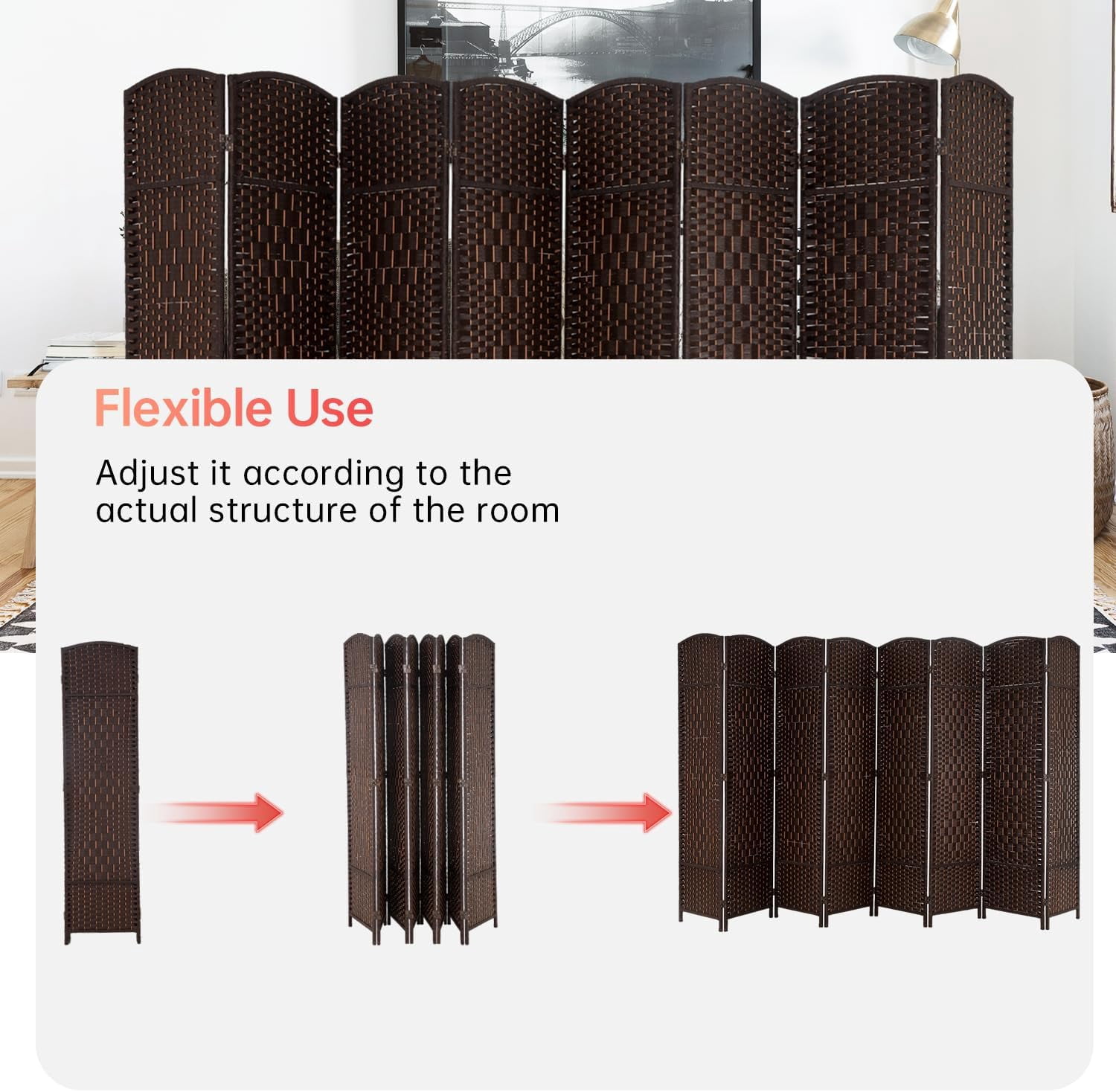 Dkelincs Room Dividers Folding Privacy Screen 8 Panel Portable Wooden Partition Screen, Brown