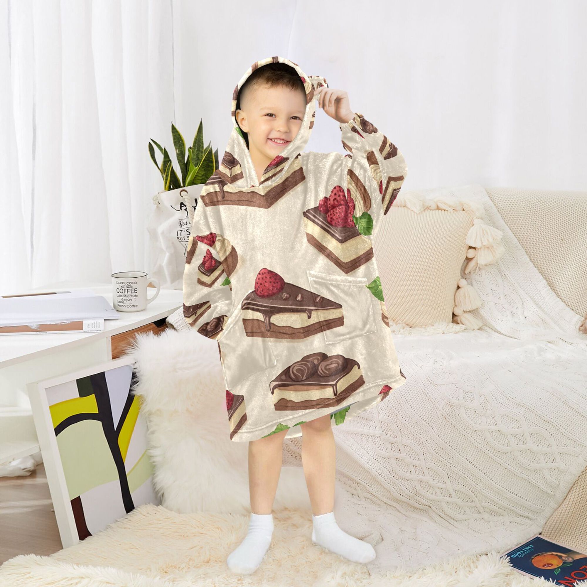 FORMRS Wearable Blanket Hoodie with Sleeves for Kids Cozy Flannel Sweatshirt, Strawberry Cake