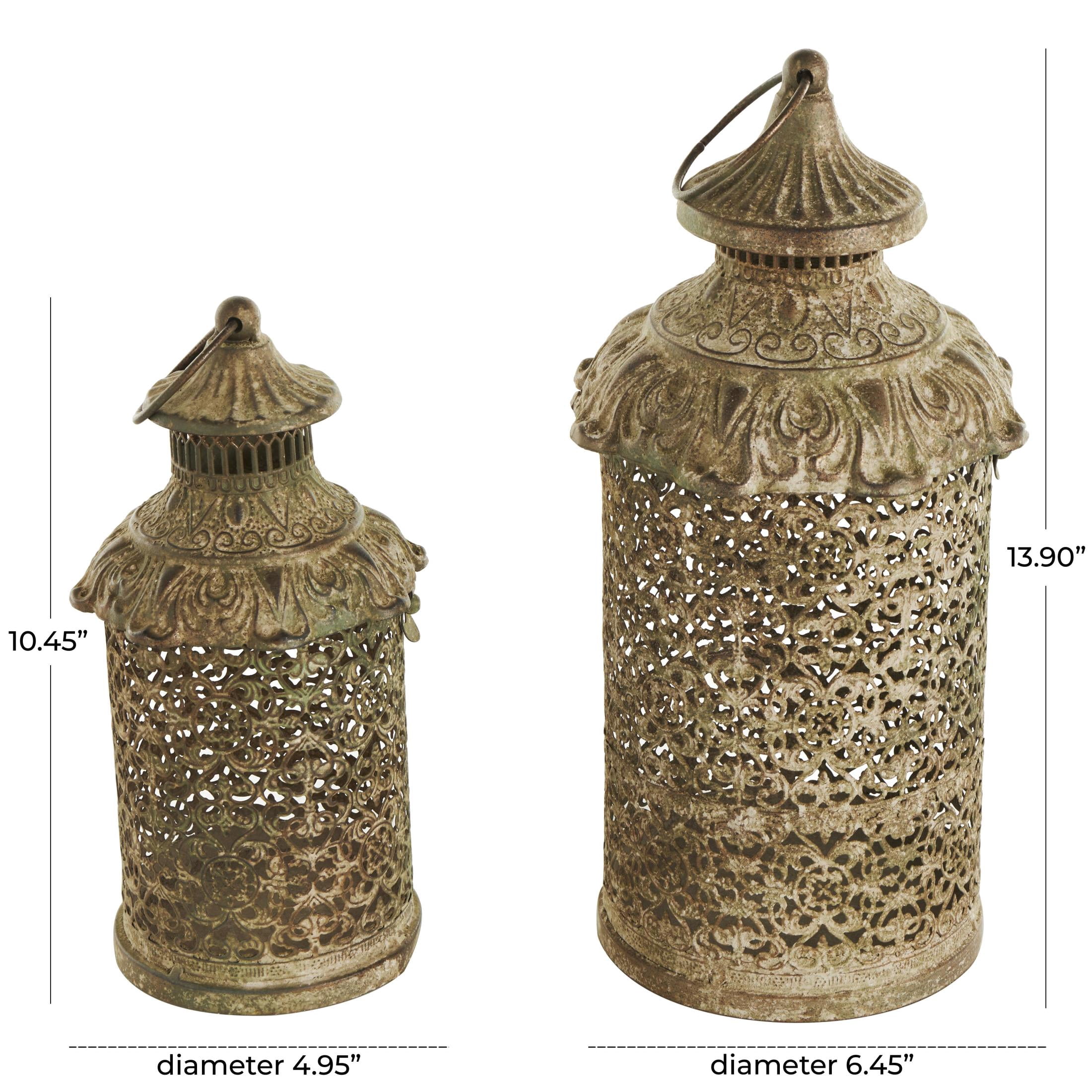 DecMode 2 Holder Brown Metal Scroll Distressed Vintage Inspired Ornate Candle Lantern, Set of 2