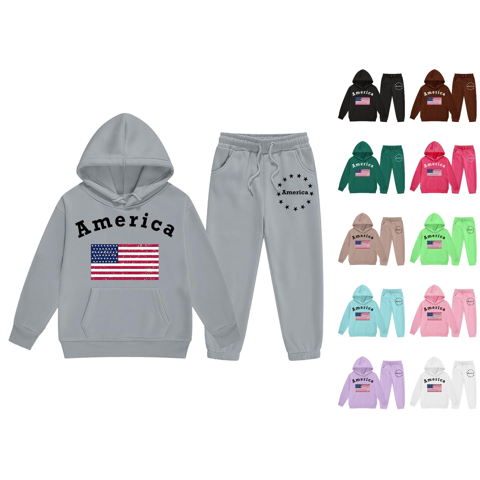 VOUZZA Baby Boy Outfits Long Sleeve American Flag Print Warm Hooded Sweatshirt Pants Girls Sweatsuit Active Tracksuit Bundle