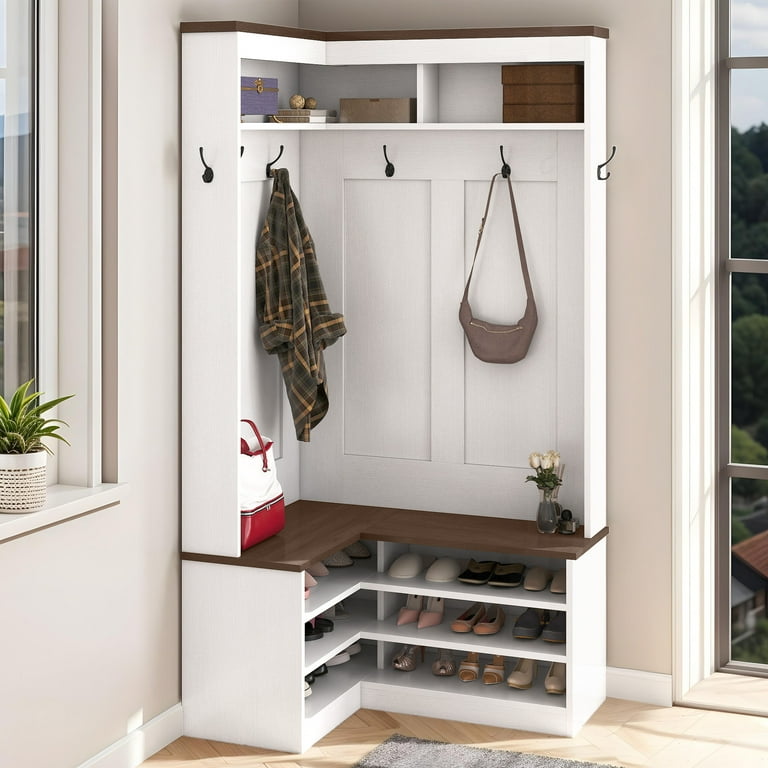 Uforic L Shape Hall Tree with Coat Rack, Shoe Storage Bench