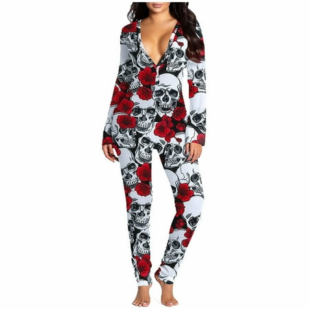 

qucoqpe Women s Halloween Long Sleeve Sexy Onesies Pajamas Deep V Neck Fleece Warm Thermal Underwear Pumpkin And Cat Print Adults One Piece Jumpsuit Rompers