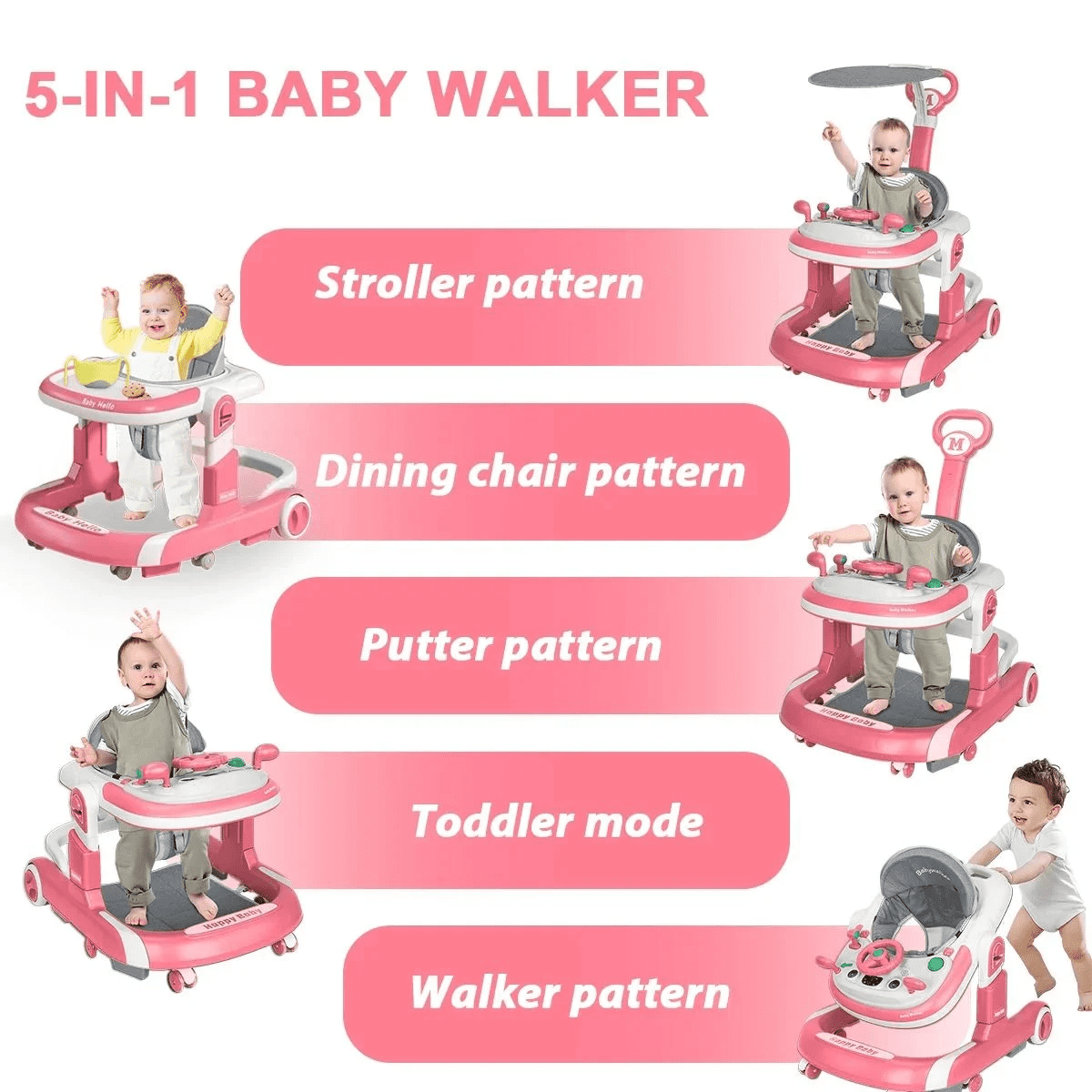 JUANYU Baby Walker with Wheels Foldable Activity Center with Mute Wheels Adjustable Heights Anti-Fall Push Walkers for Boys Girls, Red