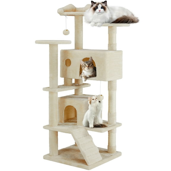 Cat Tree, 54-Inch Multi-Level Cat Tower with Scratching Post, Plush Cat Condo, Light Cream
