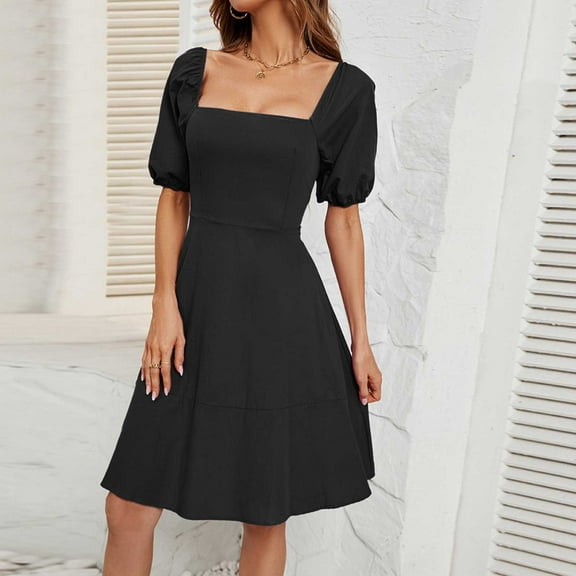 Ayolanni V-Neck Women Dresses Knee-Length Black Solid Short Sleeve Puff Dresses Teen Girl Dresses L
