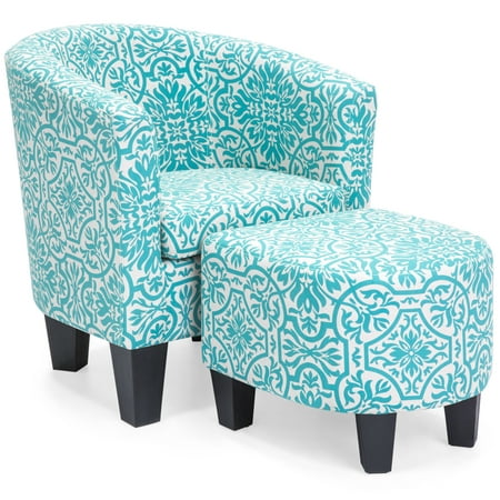 Best Choice Products Modern Contemporary Linen Upholstered Barrel Accent Chair Furniture Set w/ Arms, Matching Ottoman, Birch Wood Legs for Home, Living Room - Blue, Floral Print (Best Modern House Design)
