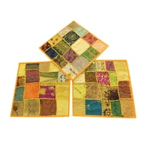 Mogul Set Of 3 Vintage Handmade Cushion Cover Ethnic Indian Yellow Patchwork Decorative Pillow Cover 16x16
