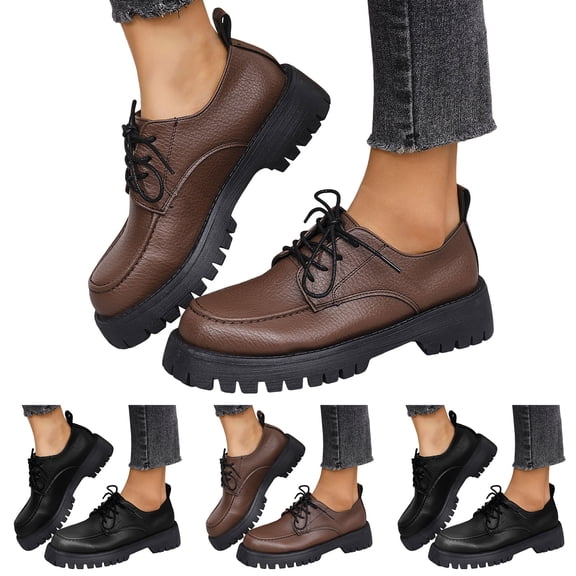 Pandaie Oxford Shoes for Women Comfortable Lace up Platform Casual Loafers Non Slip Office Business Dress Work Shoes Black 6.5