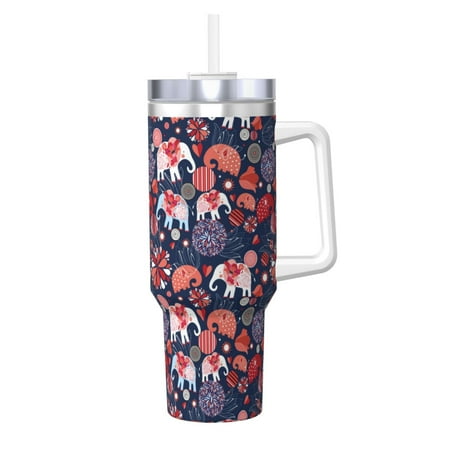 

Susaid Elephants Print Indoor Outdoor Straw Lid 40oz Ice Bully With Handle Stainless Steel Cup for Home Office and Car