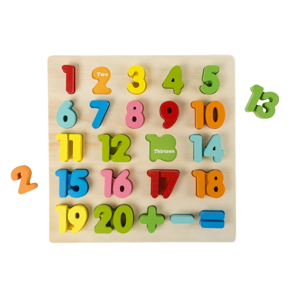 Wooden Number Puzzle Board with Colorful Pieces and Math Signs- STEM