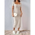 thumbnail image 4 of Women 2025 Summer Ribbed Short Sleeve Bodycon Maxi Dress Side Slit Knit Square Neck Long Sundress Khaki S, 4 of 6