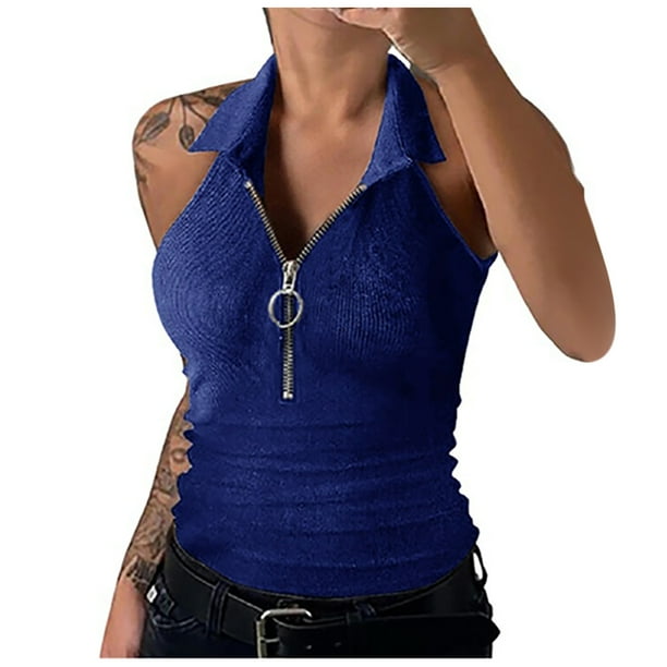 Primavera y novedad de verano, chaleco sin mangas con solapa de Color sólido, camiseta informal a la moda con cremallera, ropa de mujer Pompotops qwe24700