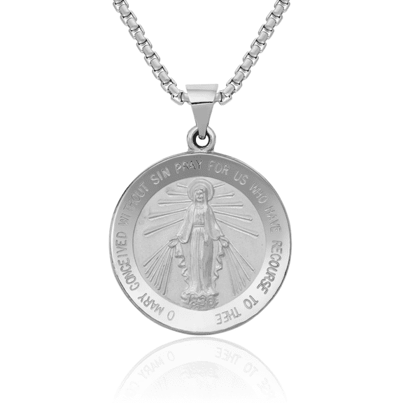 14K Solid White Gold Our Lady of Miraculous Medal Blessed Virgin Mary Necklace Chain Pendant Charm