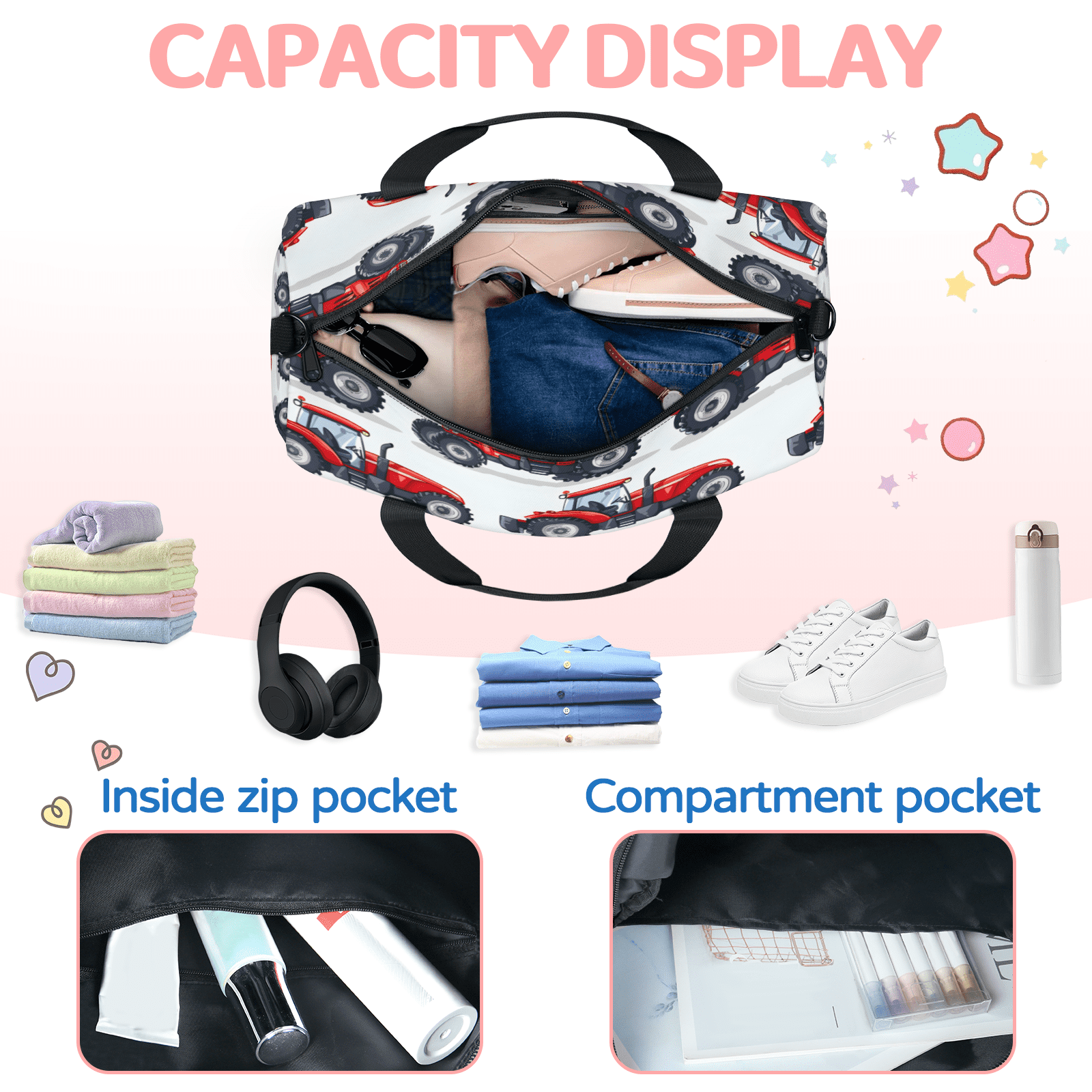 Herdesigns Truck Travel Duffle Bag Sports Yoga Weekender Overnight Carry on Workout Bags Lightweight Waterproof Gym Tote Bag for Women Red