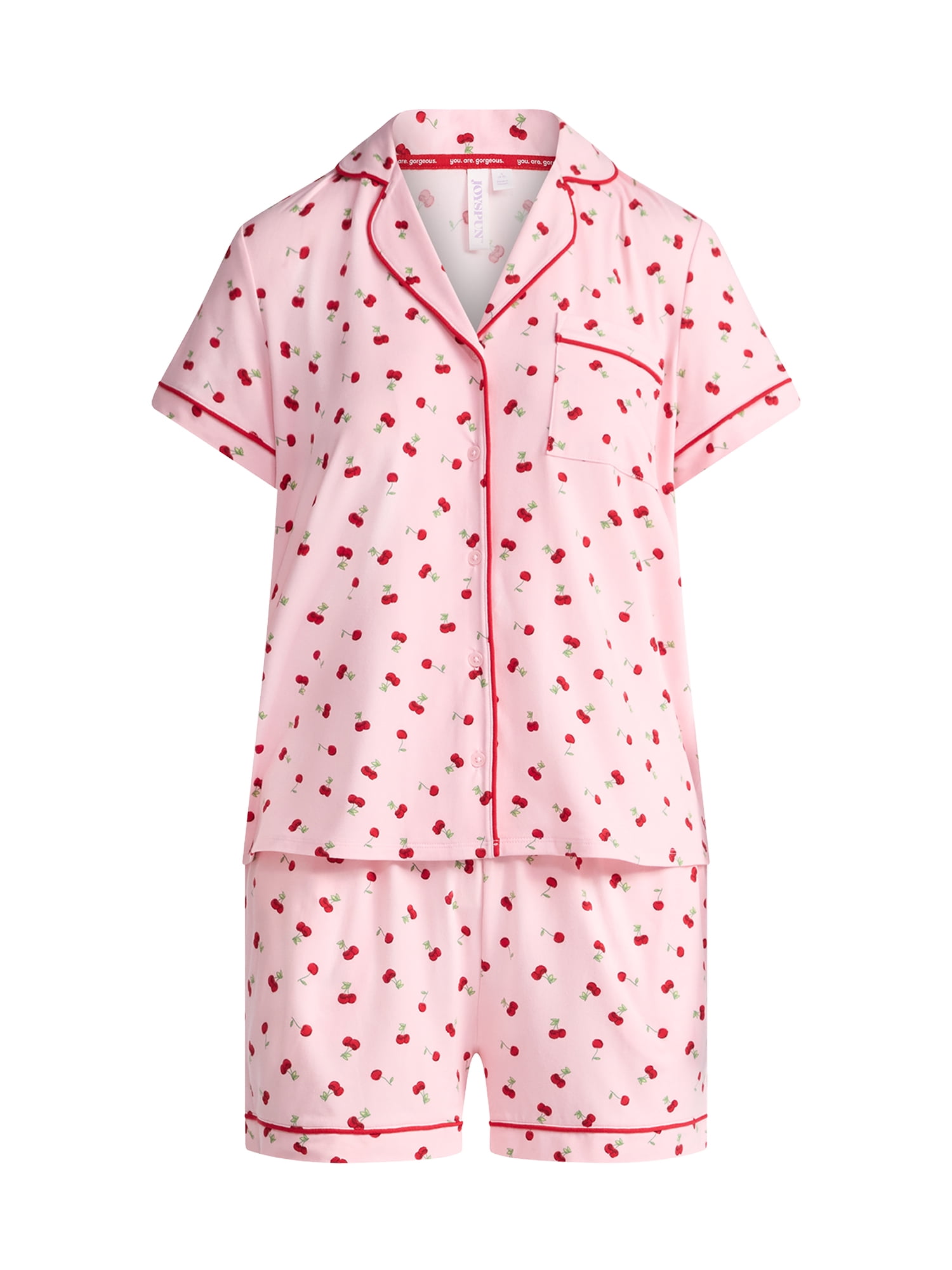 Joyspun Women’s Dreamy Soft Collection Notch Collar Knit Top and Boxer Shorts Pajama Set, Sizes XS-3X