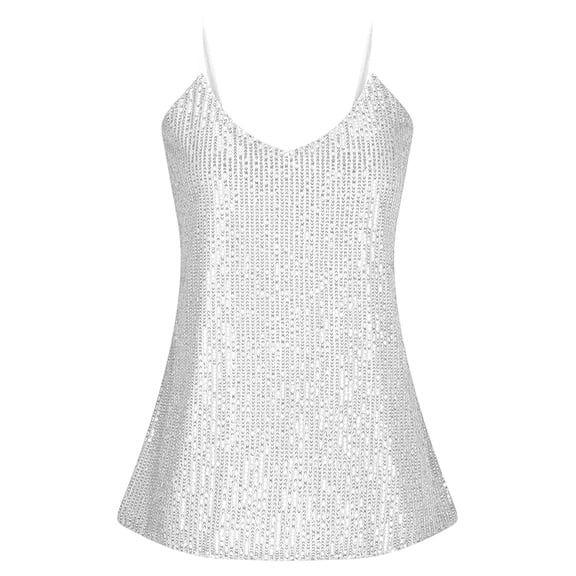 Wang6 Women Spaghetti Strap Sequin Camisole Trendy Loose Sleeveless Sparkle Cami Tank Tops Plus Size Crew Neck Undershirts Summer Tunic Shirts Tees Silver XL