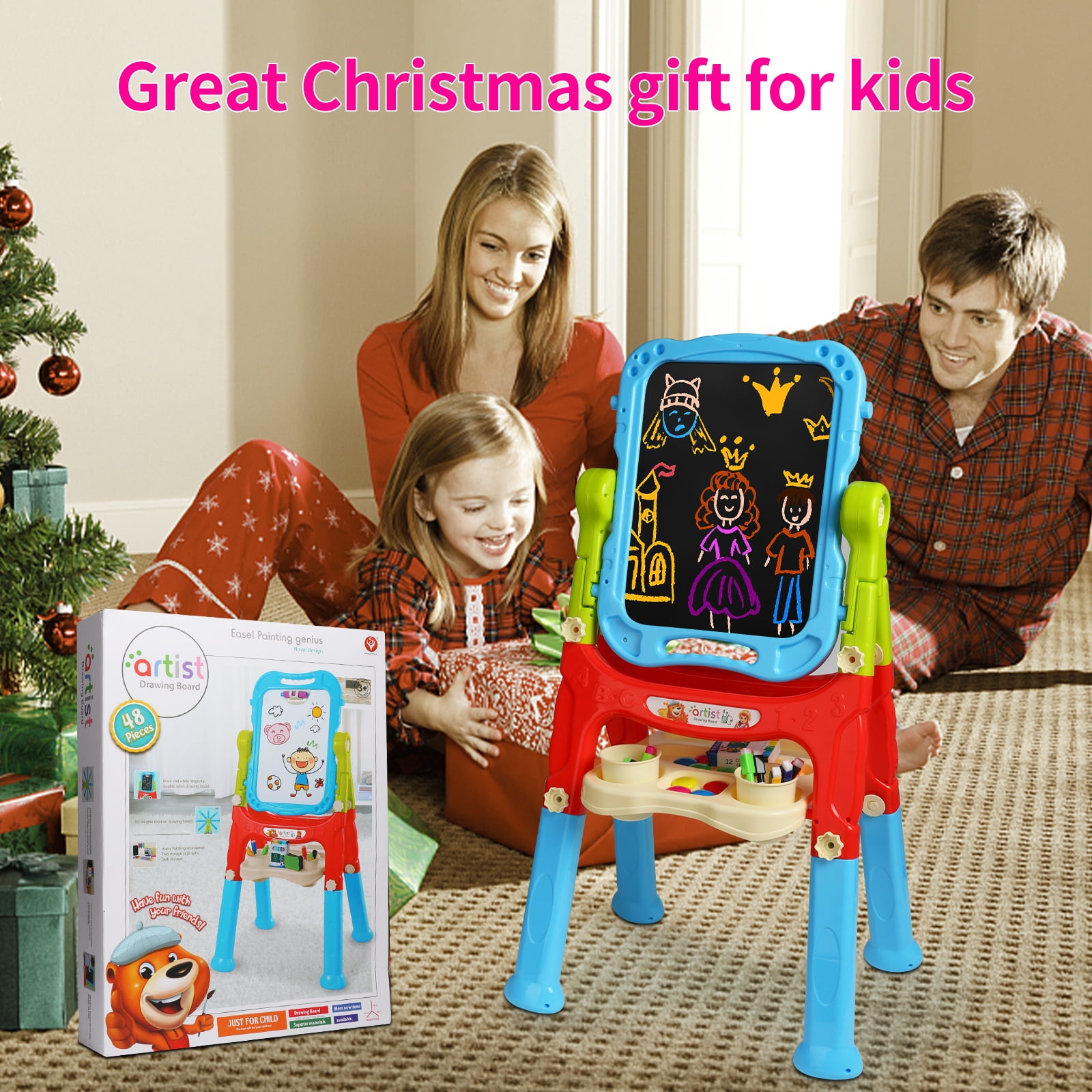 Carsky Double-Sided Kids Art Easel with Chalkboard Magnetic Board, Christmas Birthday Gift for Boys Girls Age 3+