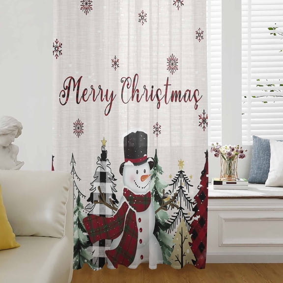 Beige Christmas Snowman Semi Sheer Curtains Drapes for Living Room, Bedroom, French Doors Window 84 Inches Long, Xmas Trees Winter Snowflake Rod Pocket Chiffon Curtain Drapery Voile Draperies Panel