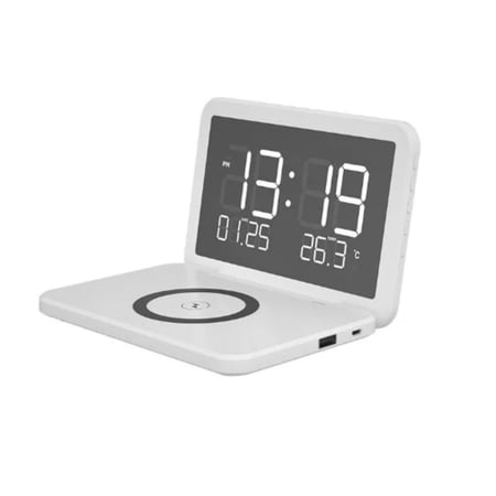 The Nidmaw digital clock features wireless charging, a foldable alarm clock, and an LED mirror display for showing the calendar and temperature. Suitable for bedrooms, desks, living room coffee table