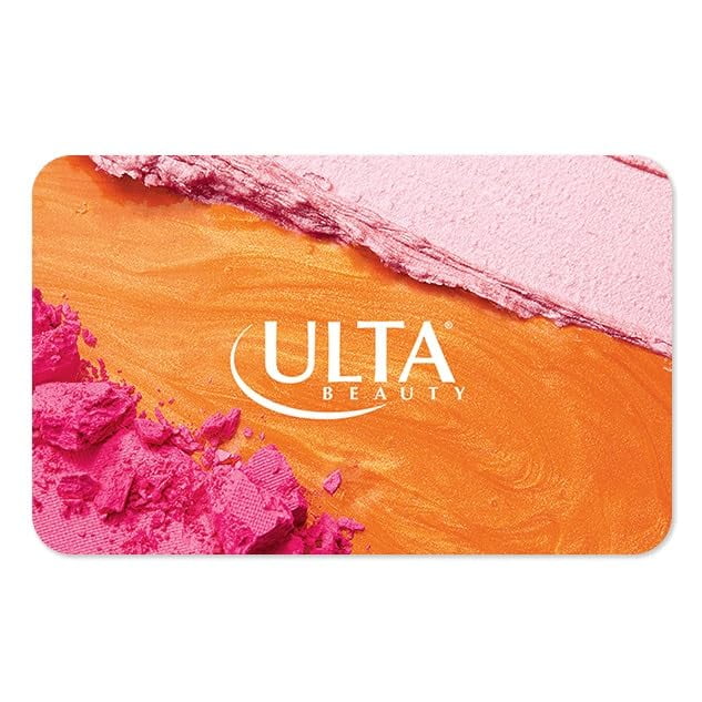 tarjeta de regalo electrónica ultra beauty estándar, canjee en la tienda y en línea con tarjeta rectangular de esquinas redondeadas, fondo con polvos de maquillaje rosado y naranja y logo ULTA BEAUTY en blanco centrado; eGift para enviar por correo electrónico, ideal para regalos y a menudo usado para compras de cosméticos y servicios en tienda.