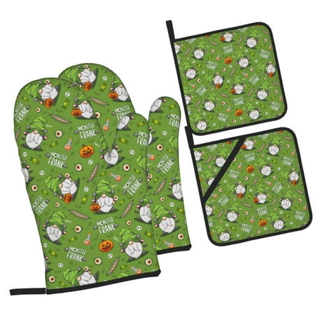 

Zeuib Halloween Monster Gnome Oven Mitts and Potholders BBQ Gloves Kitchen Oven Glove High Heat Resistant 500 Degree Extra Long Oven Mitts and Potholder with Non-Slip Silicone Surface for Cooking