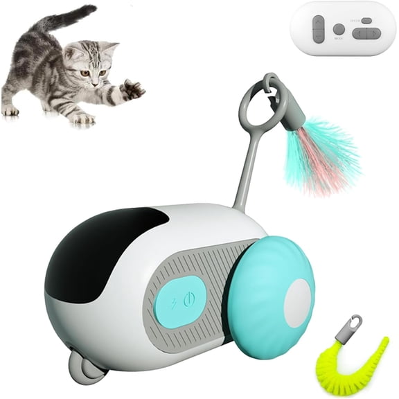 Interactive Cat Toys for Indoor Cats, 2.0 Remote Control Automatic Cat Toy, Adjustable Speeds Cat Mouse Toys, Electric Cat Toy with 2pcs Hanging Feather String Ribbon, USB Rechargeable (Blue)