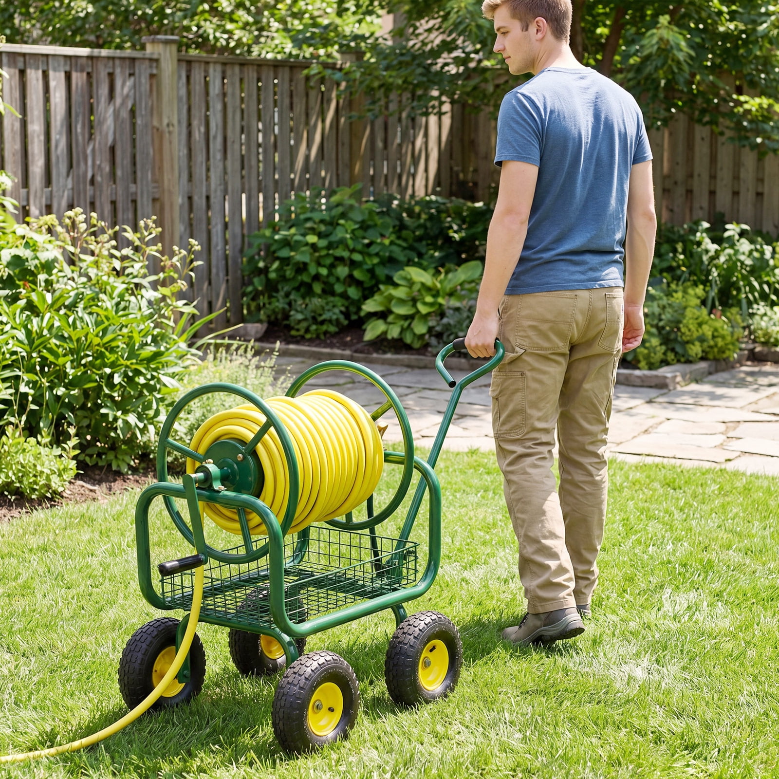 Costway Garden Hose Reel Cart with 4 Wheels, Storage Basket, 300 FT of 5/8” Large Capacity Green