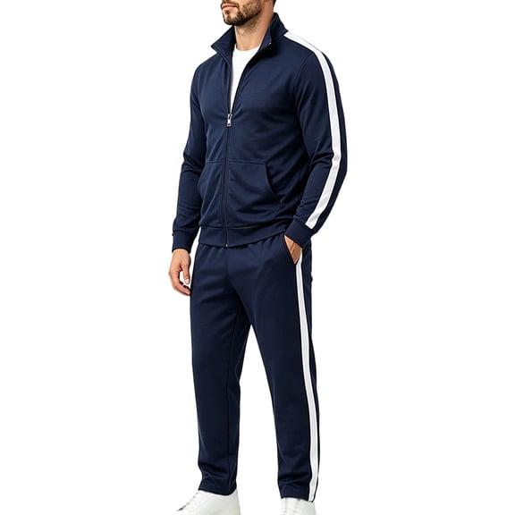 Men's 2 Piece Tracksuit Full Zip Stand Collar Jacket with Matching Long Pants Set Side Stripe Athletic Outfits