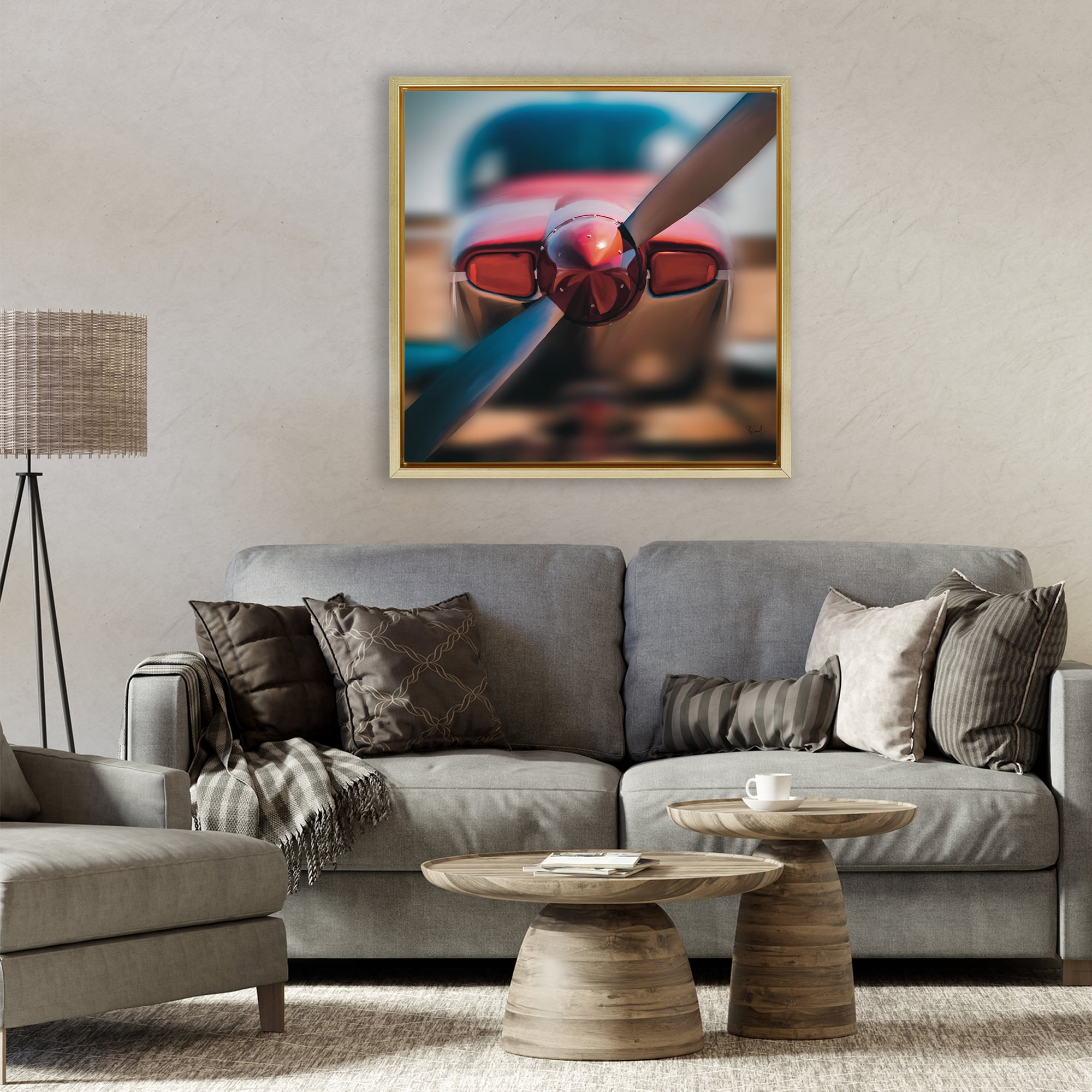 Stupell Industries Red Aircraft Propeller Gold Framed Floater Canvas Wall Art, design by Renel Peters