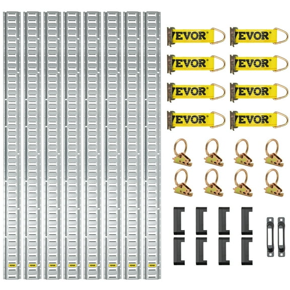 VEVOR VV-ETS-TD534S E-Track Tie-Down Rail Kit, 5ft Set 34pcs, 8 Steel Rails & 2 Single Slots & 8 O-Rings & 8 Tie-Offs w/ D-Ring & 8 End Caps