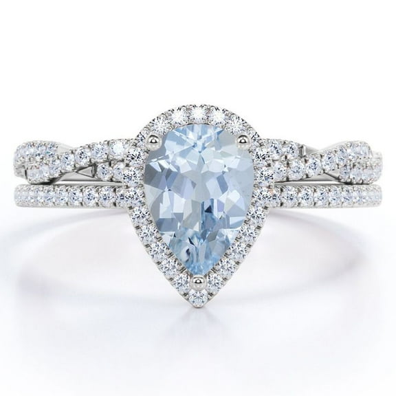 JeenMata Halo Pave Design - 1.25 Carat Teardrop Created Aquamarine and Moissanite - Infinity Twisted Shank Wedding Ring Set - 18K White Gold Plating over Silver