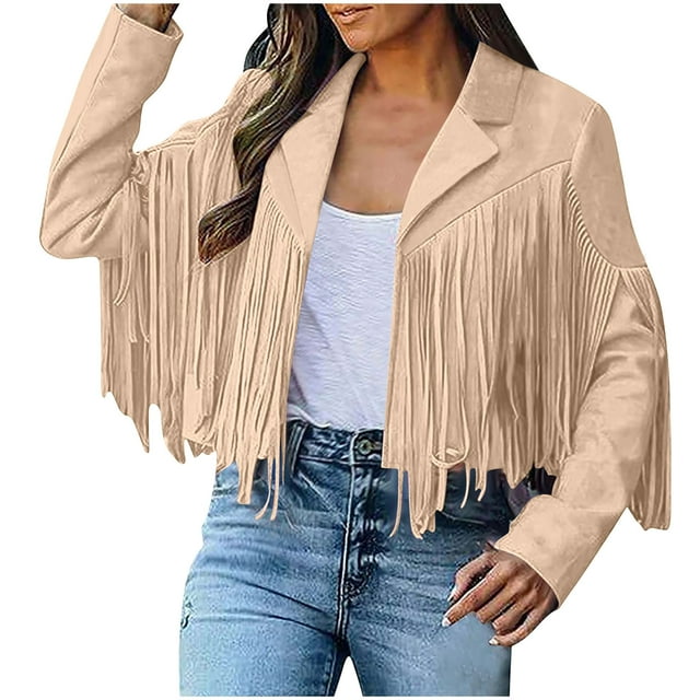 Dagegui Vestes en Faux Suède pour Femmes Manteaux à Franges Mode Automne Veste Courte Manches Longues Cardigans avec Franges Kaki G