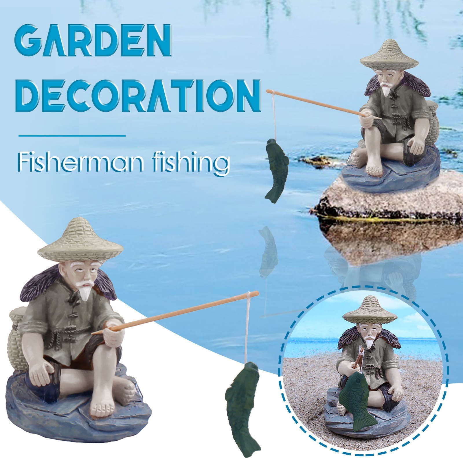 Fisherman Resin Figurines Fishing Old Man Garden Statue Bonsai Planter Pool 