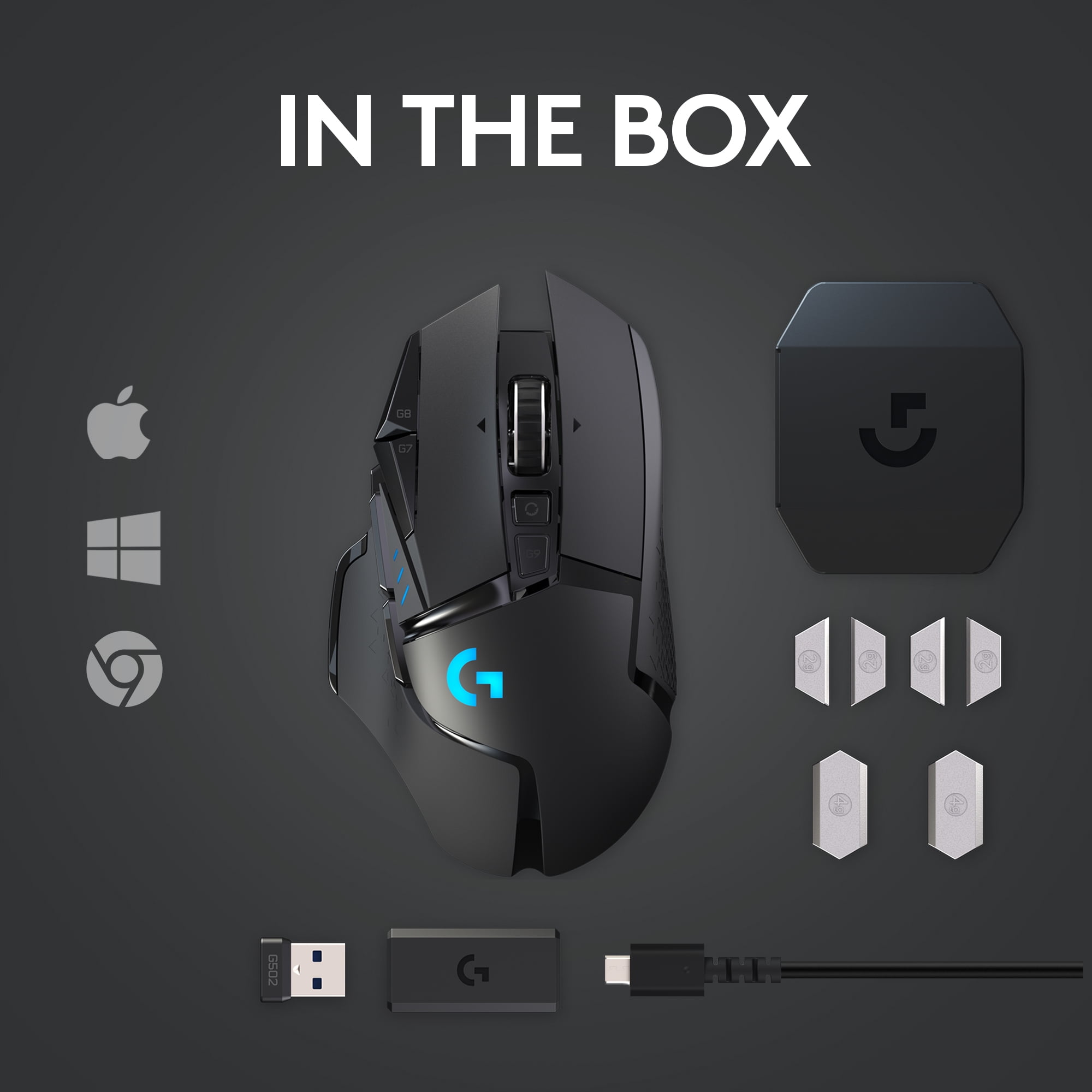 Logitech G502 LIGHTSPEED Wireless Gaming Mouse, HERO 25K Sensor, 25,600  DPI, RGB, Adjustable Weights, 11 Programmable Buttons, Long Battery Life,  On-Board Memory, PC / Mac 